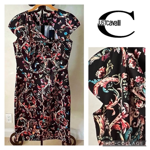 JUST CAVALLI Black Floral Print Shift Midi Cocktail Evening Dress NWT - Picture 2 of 10
